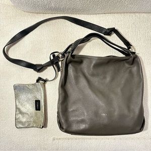 Warm Gray Furla Leather Hobo Shoulder Bag with Tethered Pouch, Gold Interior